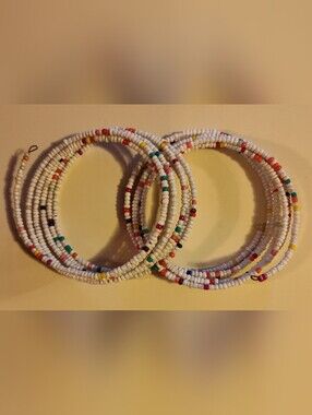 2 Handmade White Seed Bead Coil Bracelets with Multicolor Beaded Accents